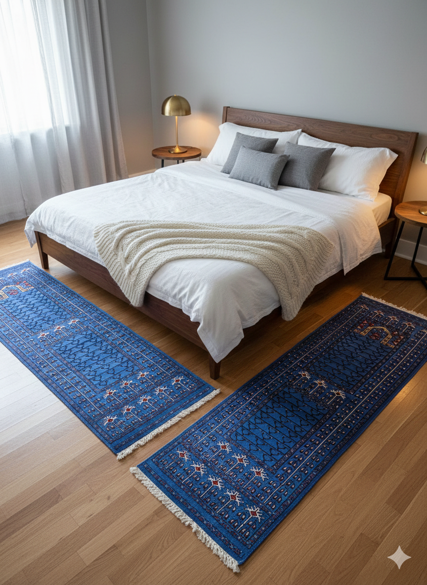 Luxury 2x6 Hand-Knot Wool Parda Runner Set (Pair) | Deep Blue | Accent Rugs for Bedroom