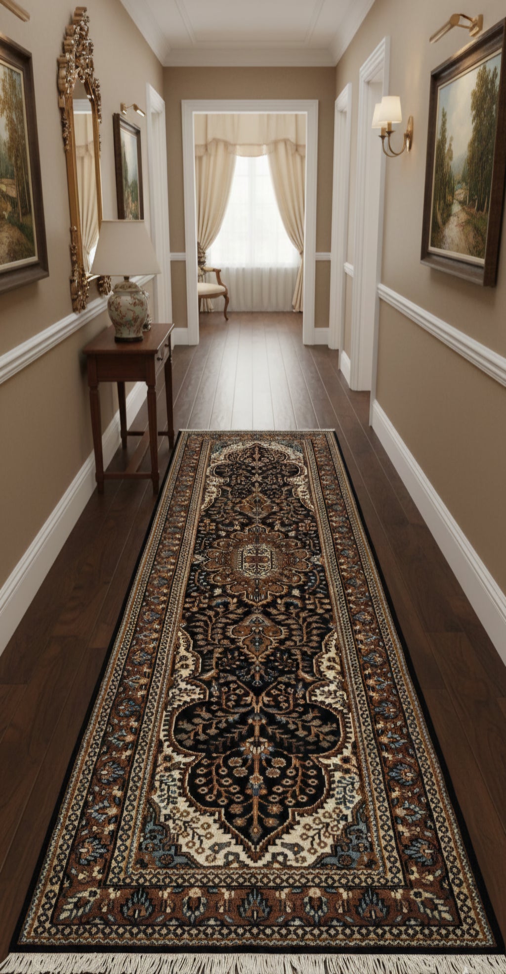 Handmade Pure Wool Persian Style Runner Rug 2.6 x 8 ft | Traditional Oriental Hallway & Corridor Carpet | Hand-Knotted Luxury Runner | Black , Brown , Navy Runner Rug