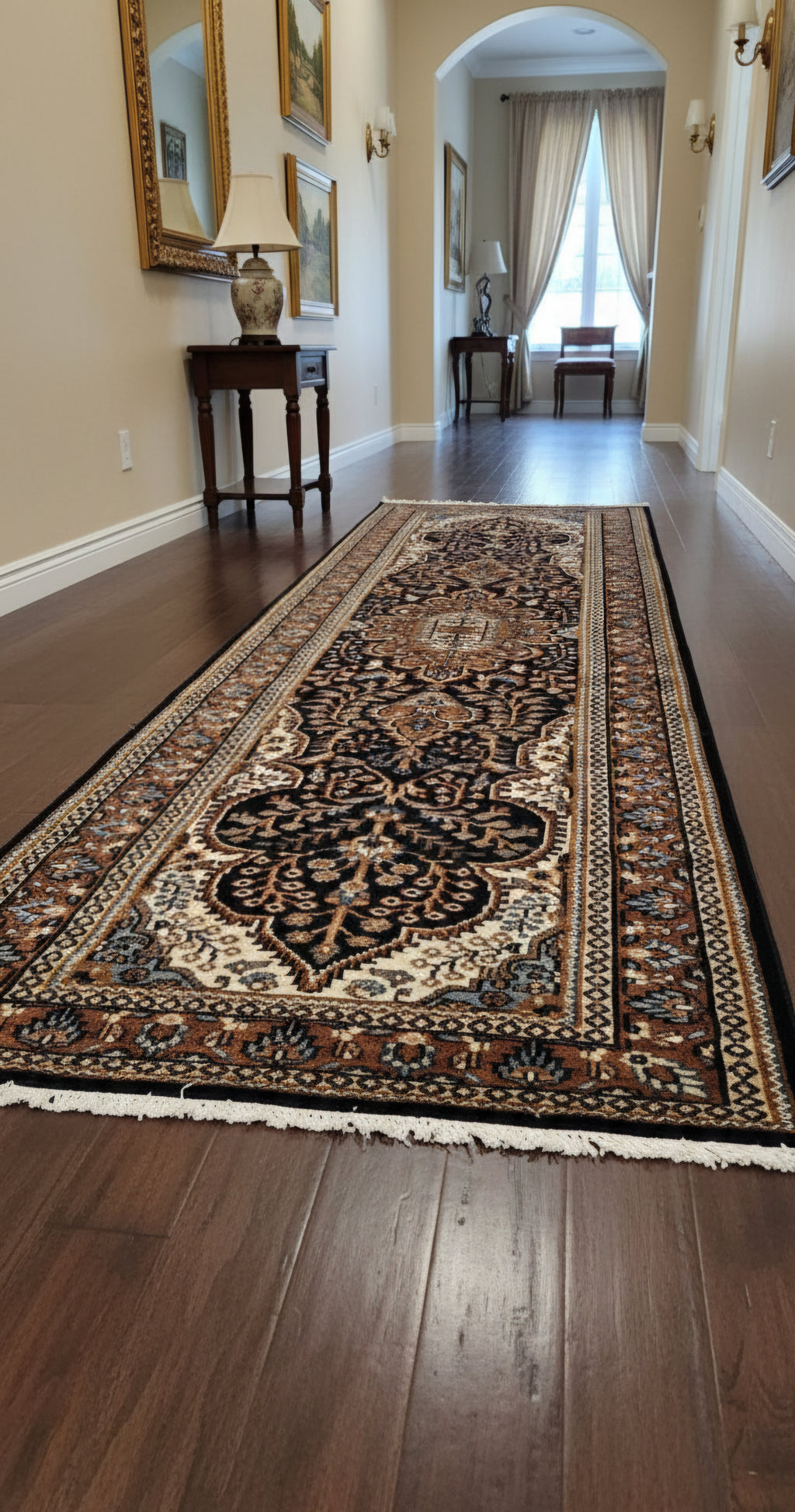 Handmade Pure Wool Persian Style Runner Rug 2.6 x 8 ft | Traditional Oriental Hallway & Corridor Carpet | Hand-Knotted Luxury Runner | Black , Brown , Navy Runner Rug