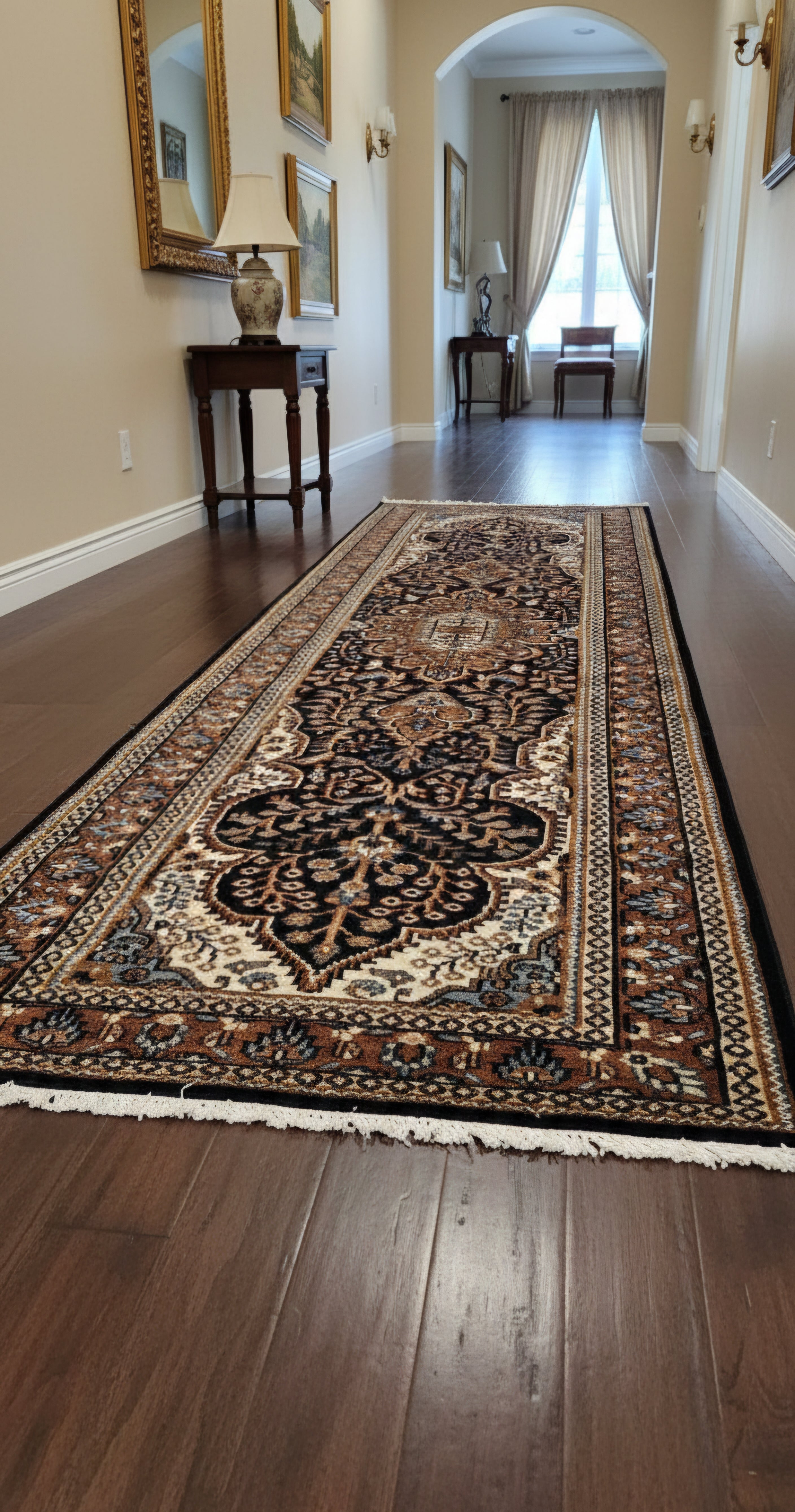 Handmade Pure Wool Persian Style Runner Rug 2.6 x 8 ft | Traditional Oriental Hallway & Corridor Carpet | Hand-Knotted Luxury Runner | Black , Brown , Navy Runner Rug