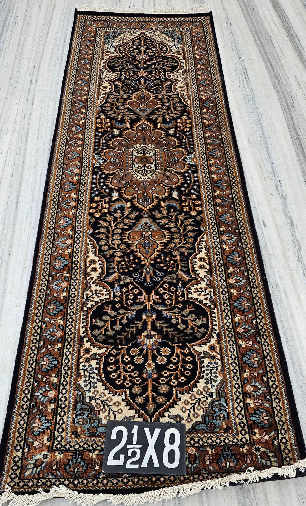 Handmade Pure Wool Persian Style Runner Rug 2.6 x 8 ft | Traditional Oriental Hallway & Corridor Carpet | Hand-Knotted Luxury Runner | Black , Brown , Navy Runner Rug