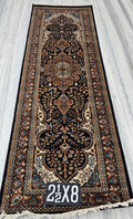 Handmade Pure Wool Persian Style Runner Rug 2.6 x 8 ft | Traditional Oriental Hallway & Corridor Carpet | Hand-Knotted Luxury Runner | Black , Brown , Navy Runner Rug