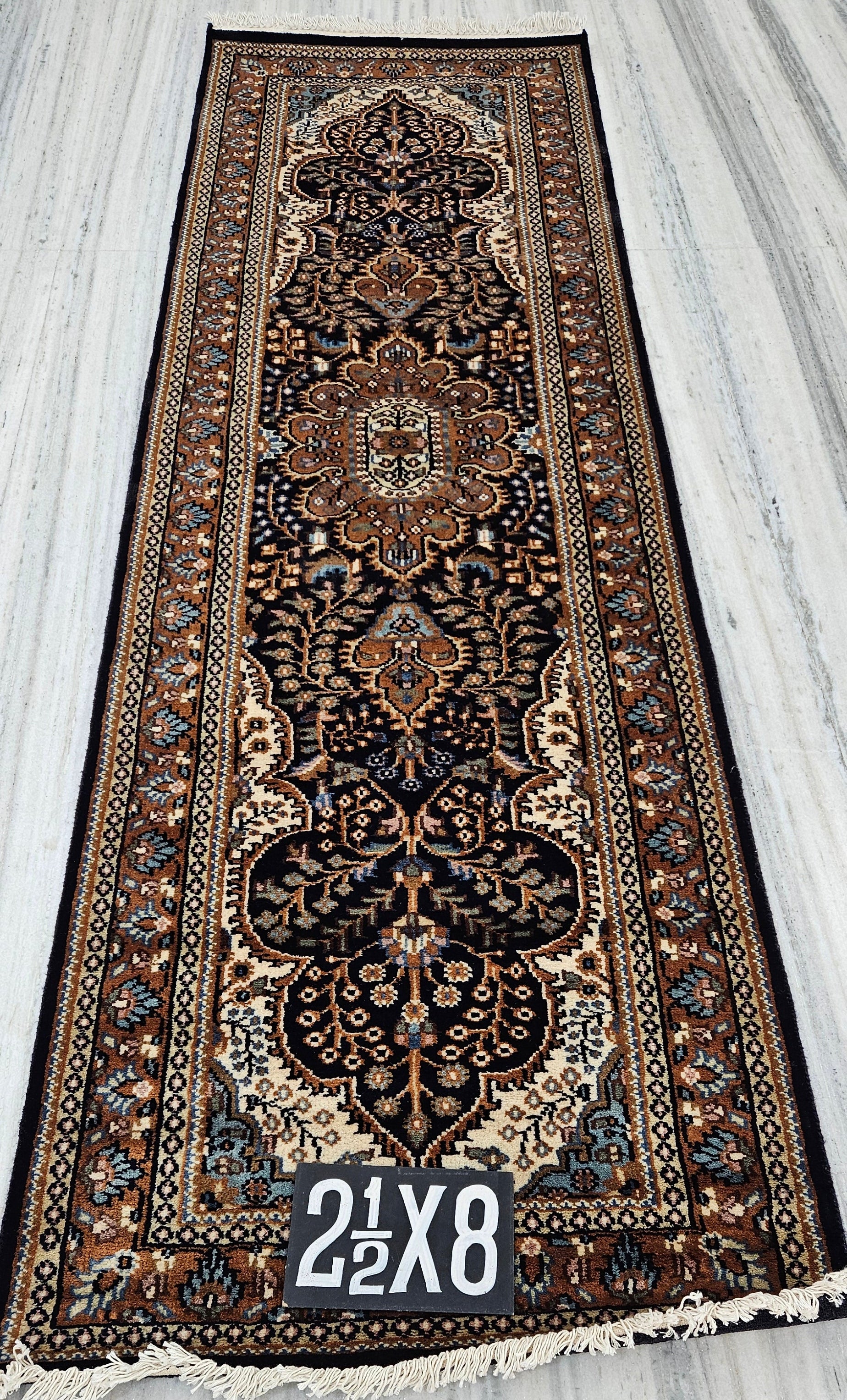 Handmade Pure Wool Persian Style Runner Rug 2.6 x 8 ft | Traditional Oriental Hallway & Corridor Carpet | Hand-Knotted Luxury Runner | Black , Brown , Navy Runner Rug