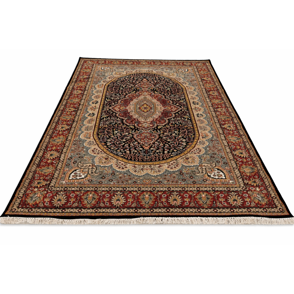 Handmade Hand-Knotted Wool Persian Area Rug 6x9 ft – Traditional Oriental Medallion Design Carpet in Black, Red & Ivory for Living Room, Dining Room & Bedroom Décor