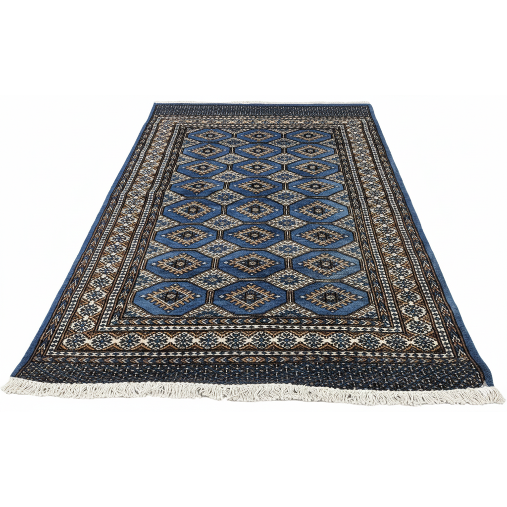Artisan Hand-Knotted 4x6 Blue Bukhara Rug, Traditional Tekke Gul Design