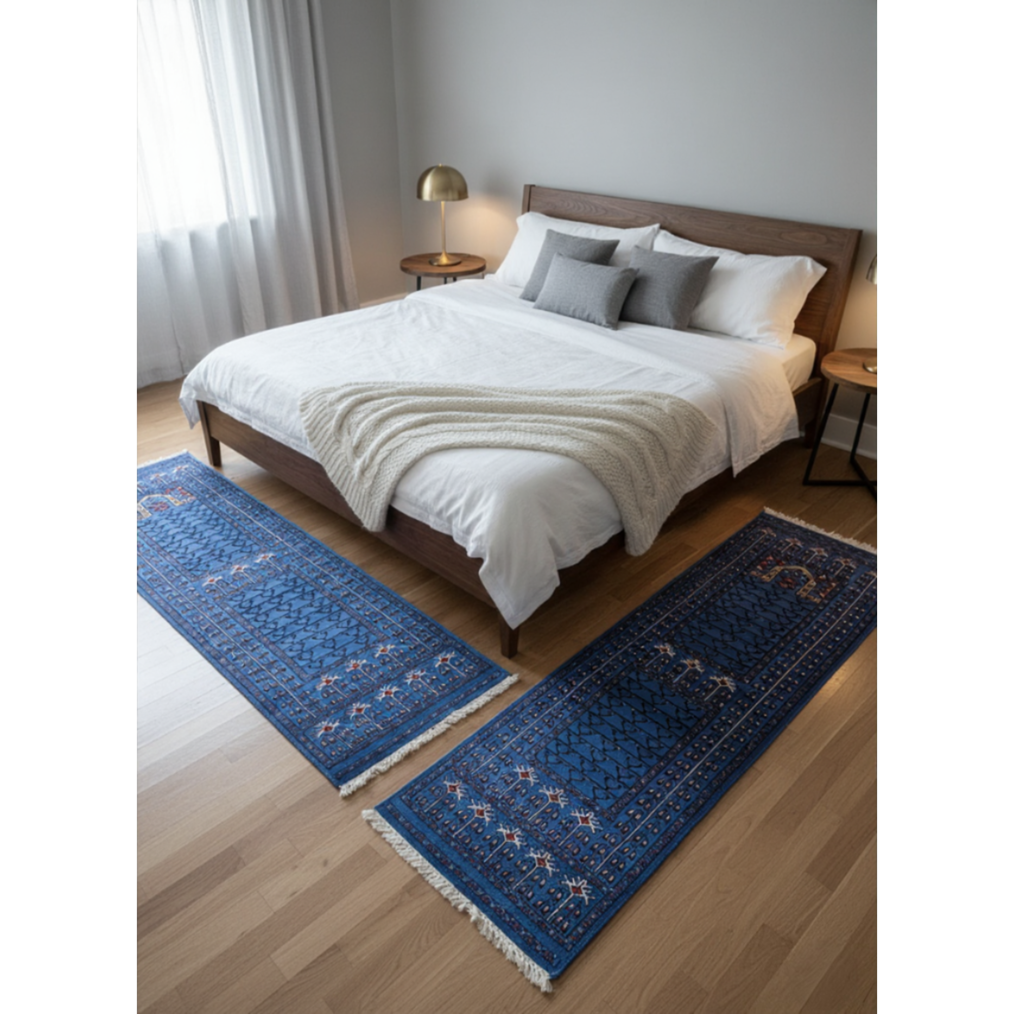The Azure Symmetry: Matched Pair of 2x6 ft. Hand-Knotted Blue Bukhara Bedside Runners