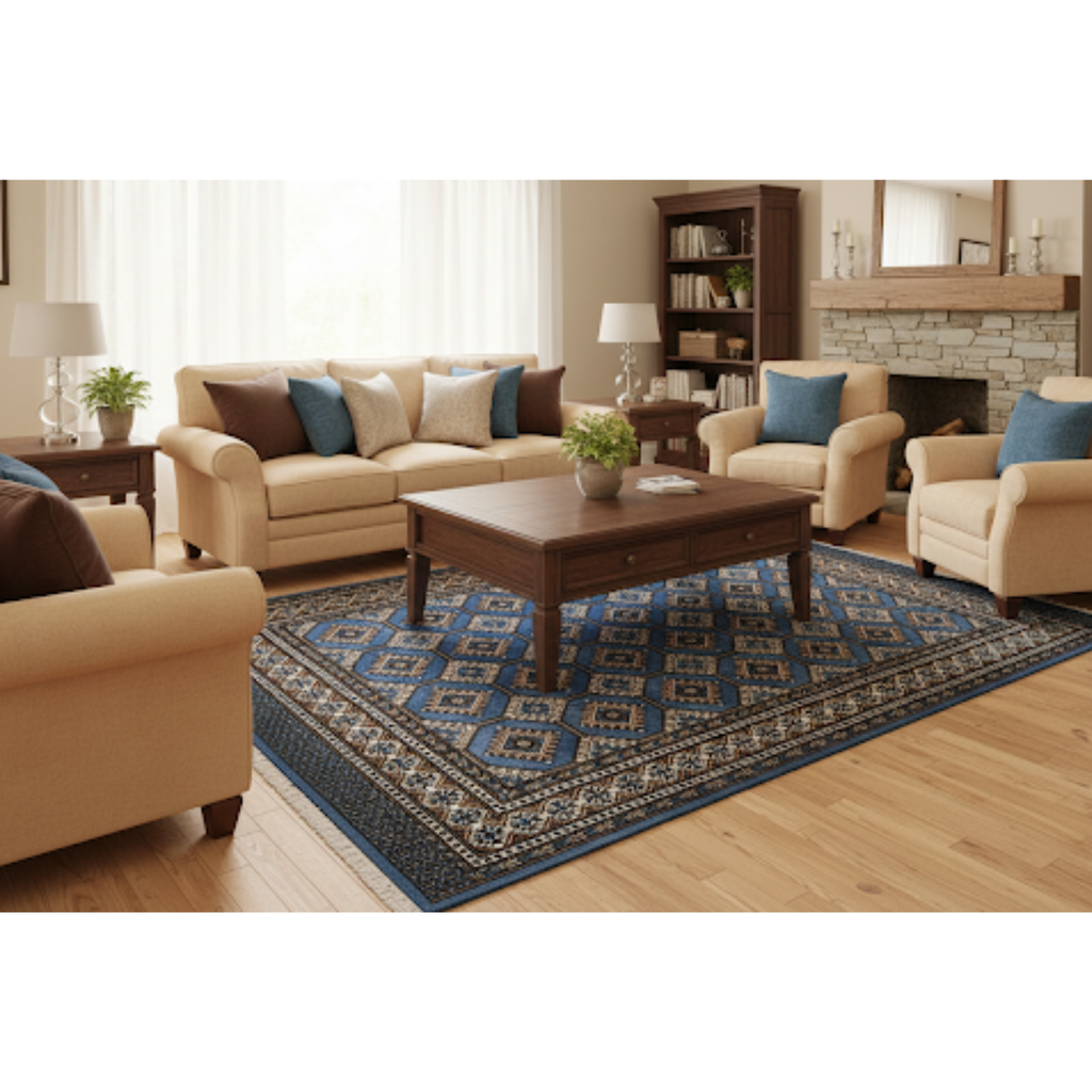 Artisan Hand-Knotted 4x6 Blue Bukhara Rug, Traditional Tekke Gul Design